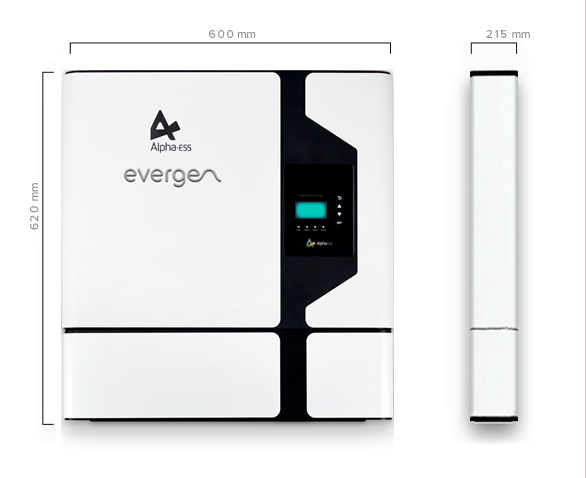 Evergen Equinox, Alpha ESS SMILE, dimensions, front and side view